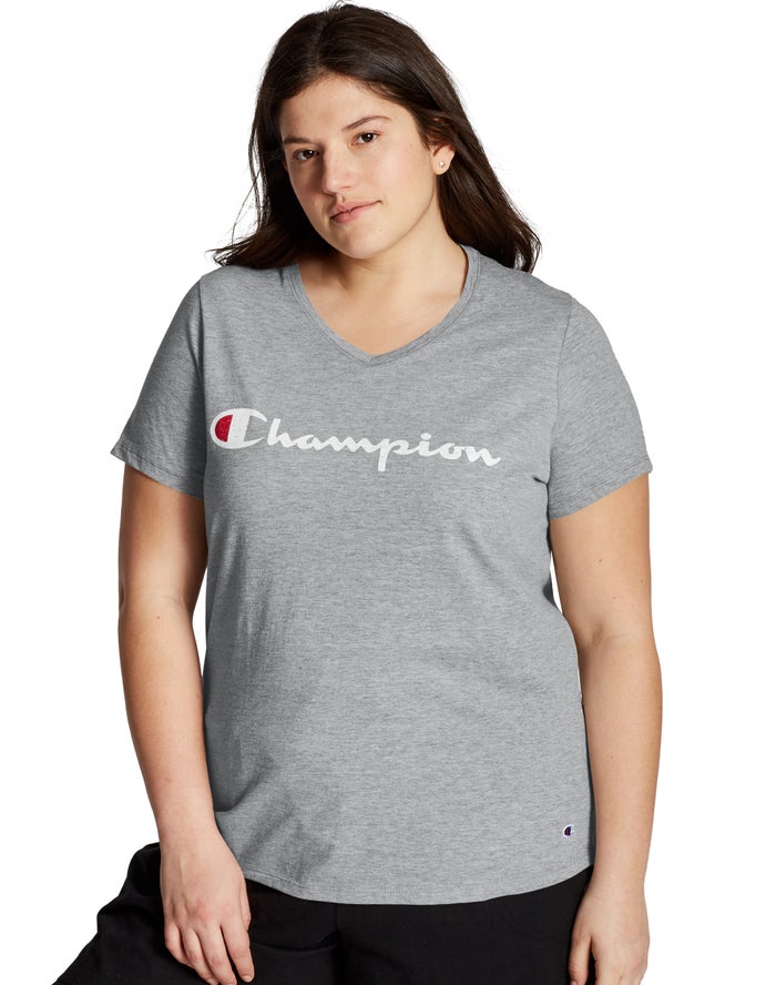 Champion Womens T-Shirt NZ - Plus Jersey V-Neck Script Logo Grey ( 0697-MJDFA )